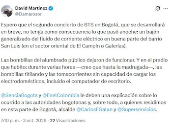 En redes sociales se dieron a conocer quejas por pérdida temporal del fluído eléctrico en los sectores aledaños a El Campín durante el concierto de BTS - crédito @Damarosor/X