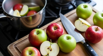 Varias manzanas rojas y verdes enteras y cortadas sobre una tabla de madera. Un cuchillo y una olla con trozos de manzana están en un fogón.