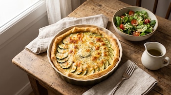 Tarta de zapallitos y queso en molde, tazón con ensalada verde y tomates, tenedor sobre servilleta y una jarra en mesa de madera.