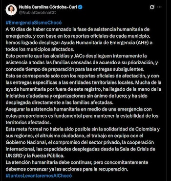 La gobernadora Nubia Carolina Córdoba informó que todos los municipios afectados recibieron insumos según los reportes oficiales de afectación - crédito @NubiaCarolinaCC / X