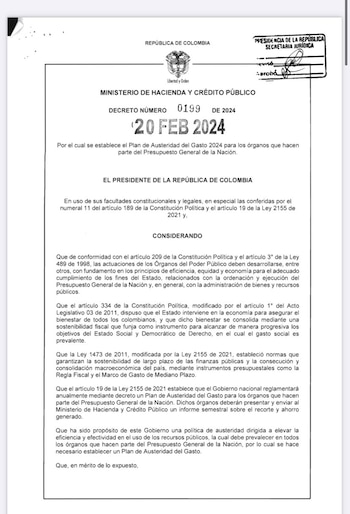 Con el decreto 0199 se reducirían gastos por $600.000 millones - crédito Ministerio de Hacienda