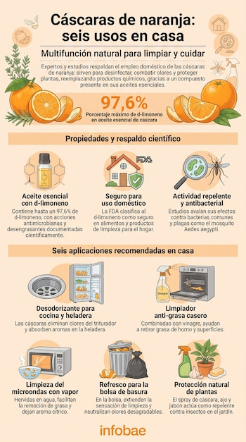 Ilustración de naranjas y cáscaras; elementos de laboratorio, limpieza, casa y jardín; iconos de seis usos domésticos y texto explicativo.