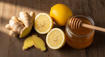 Jengibre, limones enteros y cortados, y un tarro de miel con dipper de madera en una superficie de madera rústica con luz natural.