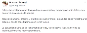 Petro afirmó que Jesús enseñó a amar al prójimo y sostuvo que la salvación divina "es colectiva" y no individual. - crédito @petrogustavo/X