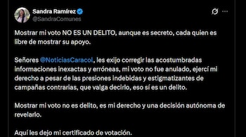Sandra Ramírez defendió su actuar en redes sociales y exigió la rectificación de noticias sobre la supuesta anulación de su voto - crédito @SandraComunes / X