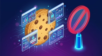 Ilustración digital isométrica de una cookie gigante rodeada por cuatro ventanas flotantes de navegador con gráficos de barras y candados, junto a un gran símbolo de prohibición rojo.