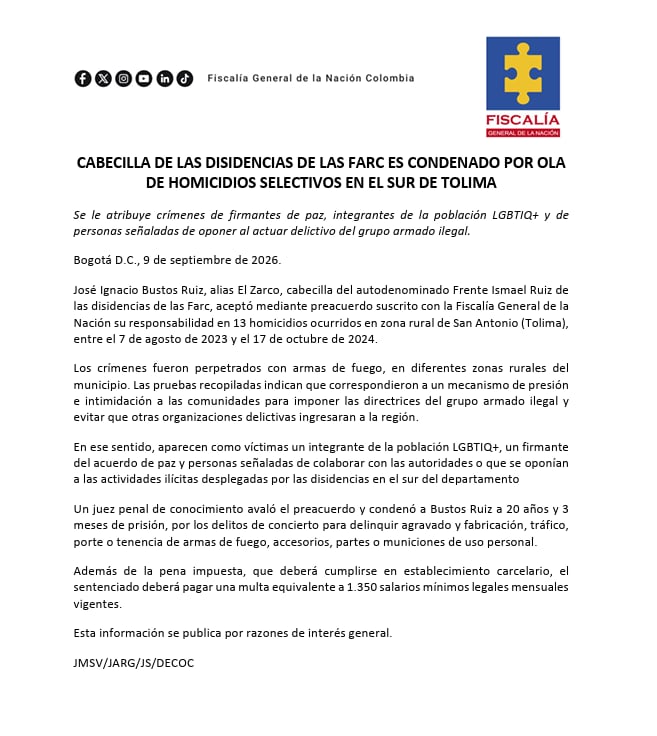 Condenaron a alias El Zarco en Tolima porque aceptó su responsabilidad en 13 homicidios ocurridos entre el 7 de agosto de 2023 y el 17 de octubre de 2024 en zona rural de San Antonio - crédito Fiscalía