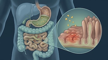 Ilustración del cuerpo humano mostrando el sistema digestivo con estómago, hígado e intestinos. Un círculo magnificado revela vellosidades intestinales dañadas.