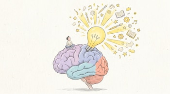 Ilustración de un cerebro estilizado en tonos pastel con una figura humana sentada. Una bombilla gigante emerge, irradiando ideas visuales como notas musicales y pinceles.