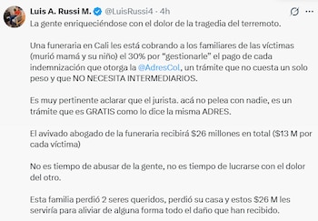 Luis A. Russi señaló que una funeraria habría cobrado un porcentaje de los recursos destinados a familiares de víctimas de la emergencia. - crédito LuisRussi/X