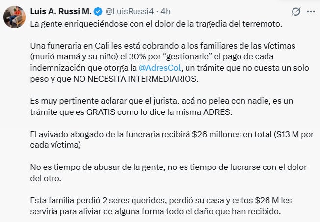Luis A. Russi señaló que una funeraria habría cobrado un porcentaje de los recursos destinados a familiares de víctimas de la emergencia. - crédito LuisRussi/X