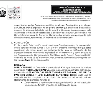 Informe recomienda declarar 'improcedente' la denuncia de Ruth Luque contra miembros del TC que liberaron a Alberto Fujimori.