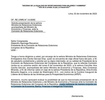 Oficio enviado por la Cancillería