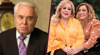 Enrique Guzmán con cabello blanco y traje oscuro a la izquierda; Silvia Pinal de cabello rubio y blusa naranja, con Sylvia Pasquel de blusa marrón clara a la derecha.