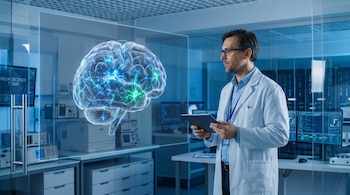Hombre con bata de laboratorio y gafas observando una proyección digital translúcida de un cerebro humano iluminado con actividad neuronal en un laboratorio.