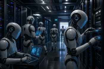 Varios robots humanoides blancos trabajan con servidores y portátiles dentro de un centro de datos iluminado con luces azules.