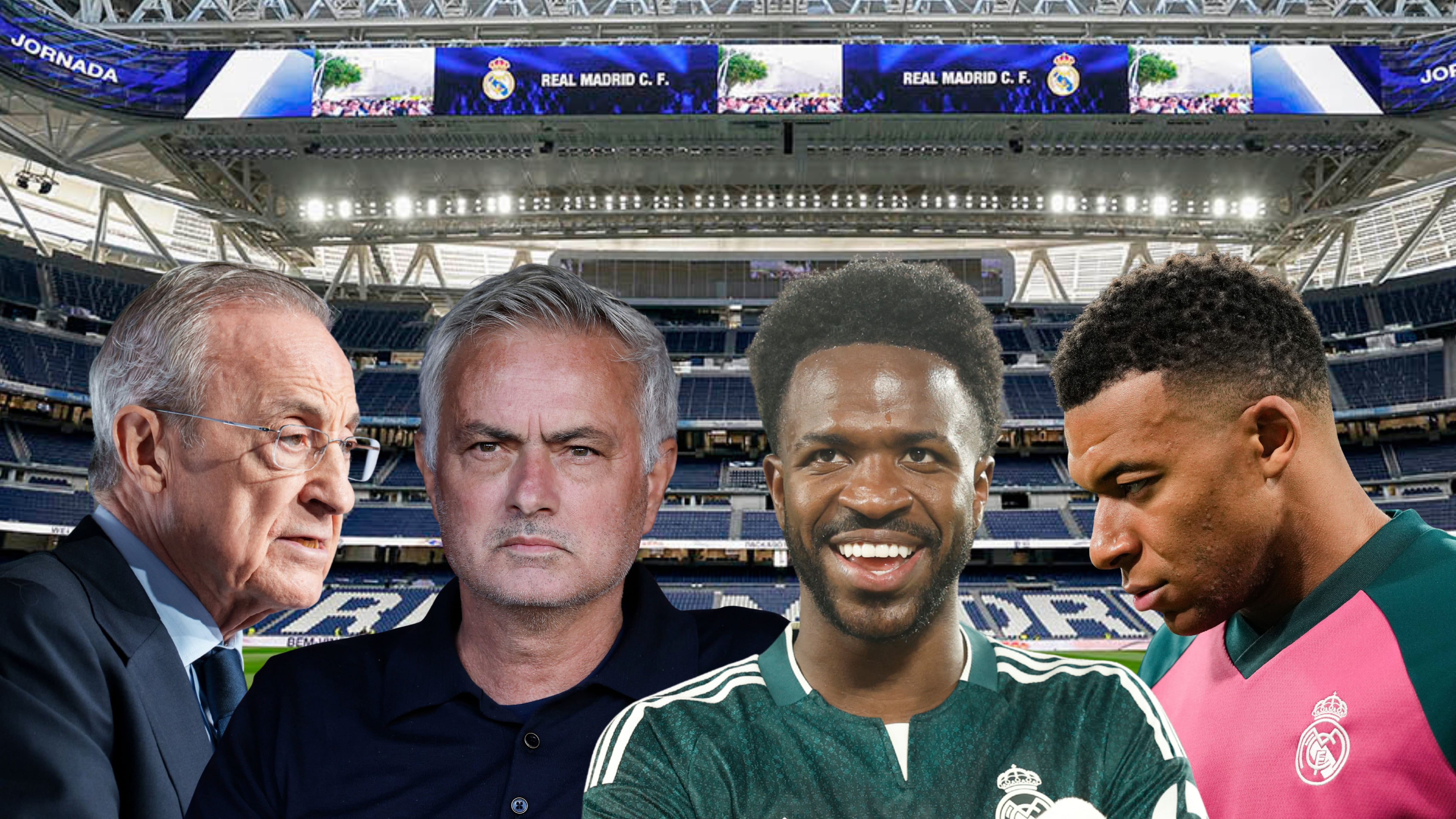 Florentino Pérez, José Mourinho, Vinícius Júnior y Kylian Mbappé.