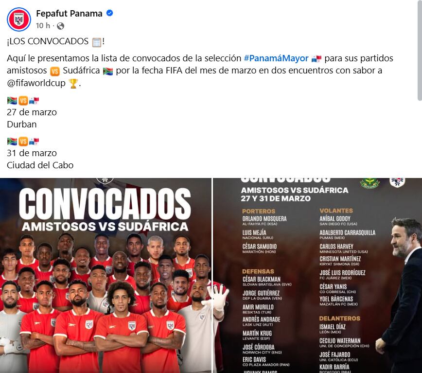 La Selección de Panamá anuncia su lista de 23 jugadores convocados para los amistosos ante Sudáfrica previos al Mundial 2026. (Facebook/ Fepafut Panamá)