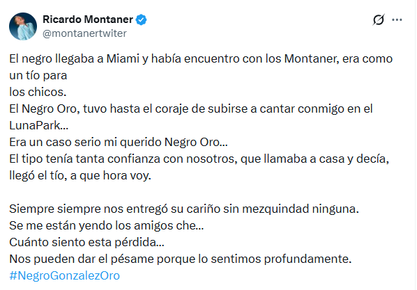La despedida de Ricardo Montaner al Negro Oro: “Era parte de nuestra familia” (X)