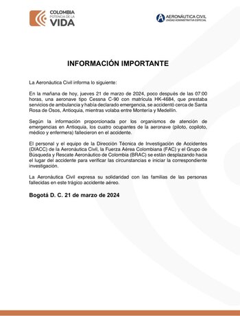 Comunicado de la Aeronáutica Civil