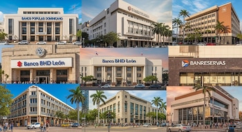 Edificios de Banco Popular Dominicano, Banco BHD León, Bankcoopama y Banreservas en un collage. Calles con vehículos, peatones y palmeras.