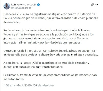 El mandatario regional rechazó este tipo de ataques a la estación de Policía de El Peñol - crédito @LuisAlfonsoEsc/X