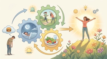 Ilustración: hombre cansado, engranajes (sueño, ejercicio, nutrición) conectados, llevando a una mujer feliz bajo el sol en un campo de flores.