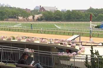 Pista de carreras de caballos con césped y arena, una tribuna con jardineras de flores, una persona sentada leyendo en un banco y edificios al fondo