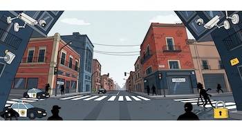 Ilustración de un cruce urbano en Ciudad de México con edificios, cámaras de seguridad, patrullas, siluetas de personas y negocios con persianas bajas y letreros de "Cerrado".