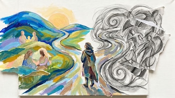 Pintura en técnica mixta de un camino sinuoso. A la izquierda, paisajes coloridos con personas; a la derecha, zonas grises con figuras abstractas. Una persona camina en el centro.