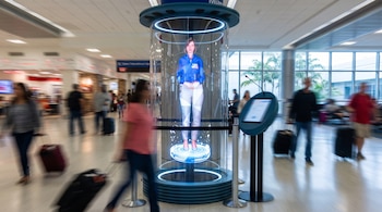 Holograma de mujer con uniforme azul en tubo transparente iluminado, rodeado de pasajeros difuminados y valijas en la terminal de un aeropuerto.
