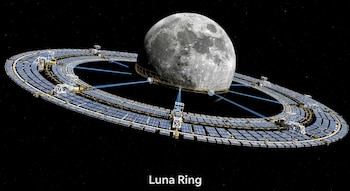 Imagen de la Luna en el espacio oscuro, rodeada por un enorme anillo de paneles solares interconectados con estructuras, y haces de luz azul entre ellos. El texto 'Luna Ring' se lee debajo.