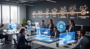 Vista de una oficina moderna con empleados humanos trabajando en escritorios y colaborando con un robot y hologramas interactivos. Una línea de tiempo sobre IA adorna la pared.