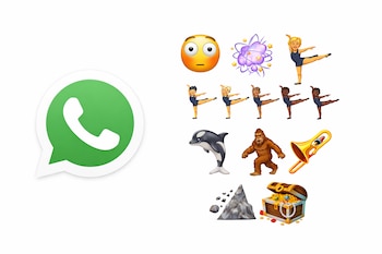 Logo de WhatsApp a la izquierda, y a la derecha una colección de emojis: cara de asombro, explosión, bailarinas, orca, Bigfoot, trompeta, rocas y cofre del tesoro.