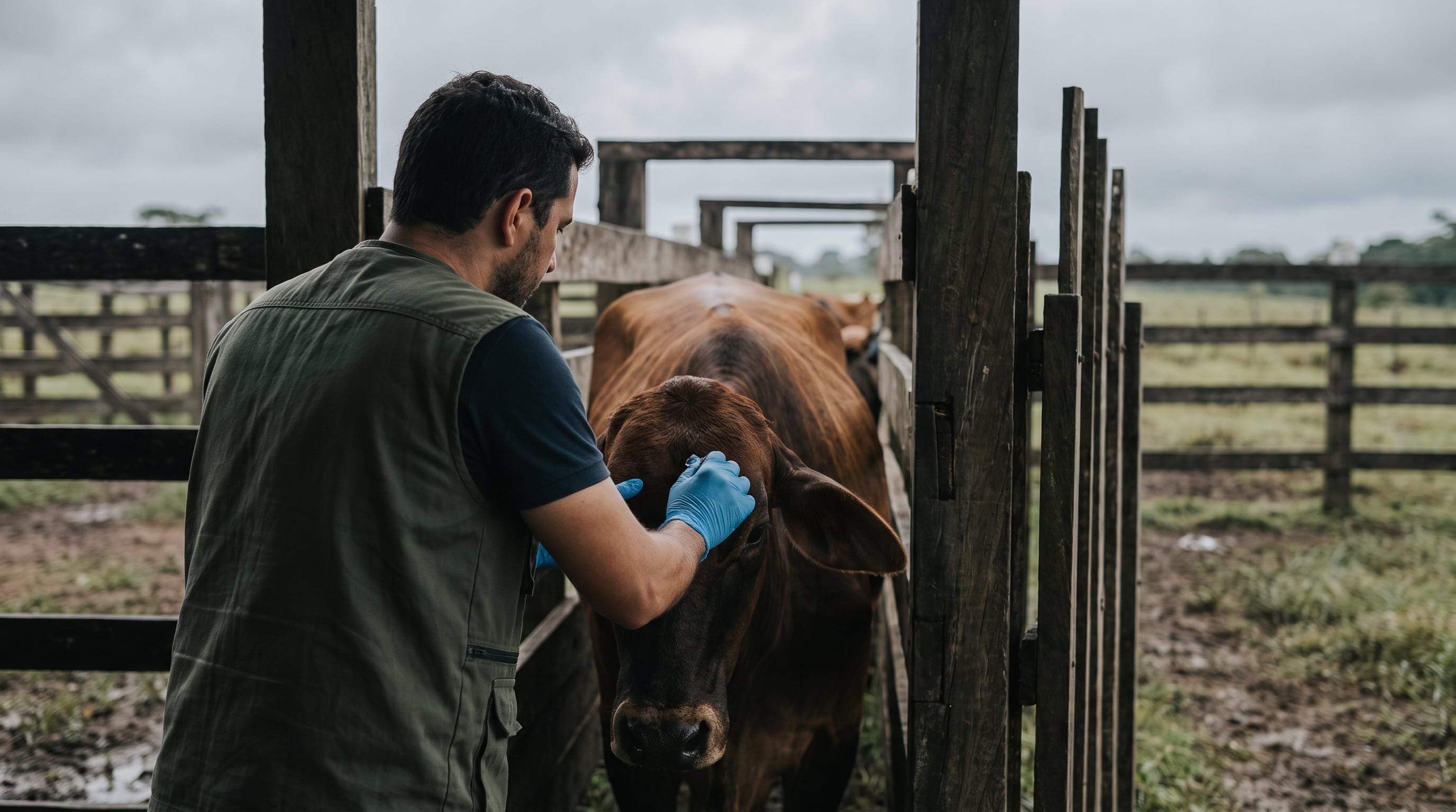 Un inspector veterinario examina a un bovino en una manga de manejo de una finca rural durante un control sanitario. (Imagen Ilustrativa Infobae)