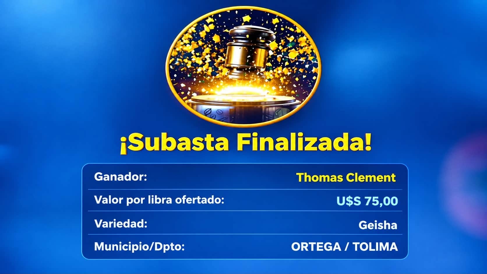 Thomas Clement, de Francia, compró la libra de café Geisha de Ortega por cerca de $231.271 en la subasta internacional - crédito Gobernación Tolima