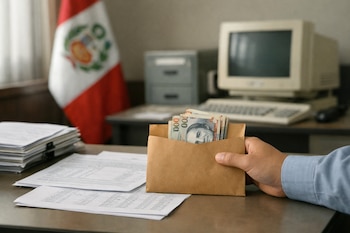 Mano tomando un sobre marrón con billetes de soles peruanos en un escritorio con papeles, planillas, una bandera de Perú desenfocada y un monitor de computadora antiguo.