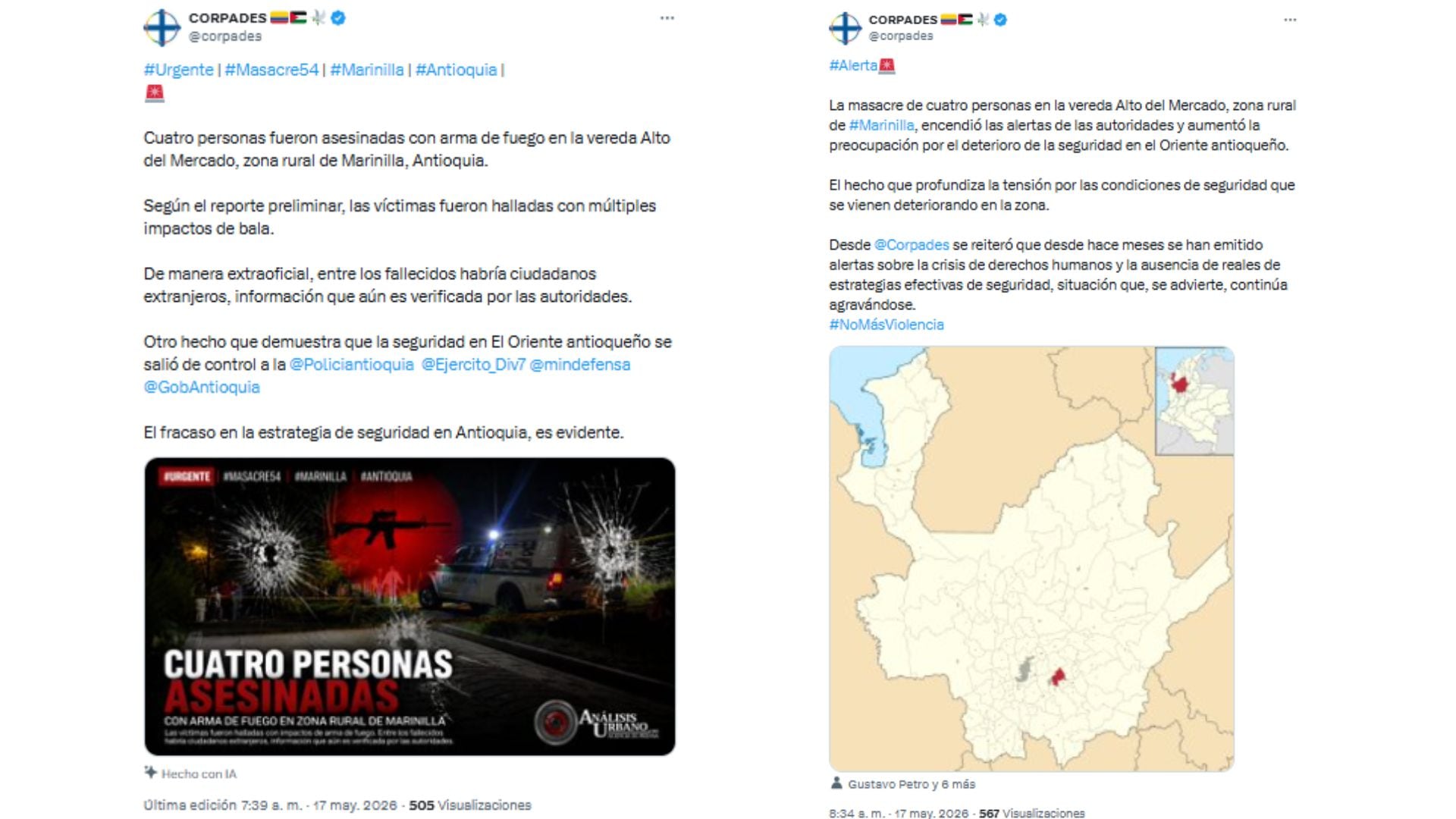 Corpades alertó sobre crisis de seguridad en Oriente antioqueño tras masacre en Marinilla - crédito @corpades/X