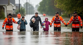 Un grupo de rescatistas con chalecos naranjas guía a tres civiles (un hombre, una mujer y una niña) por una calle inundada con agua hasta las rodillas, bajo la lluvia.