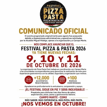 Afiche publicitario de color blanco y dorado con texto informativo en letras rojas y negras sobre el Festival Pizza y Pasta 2026