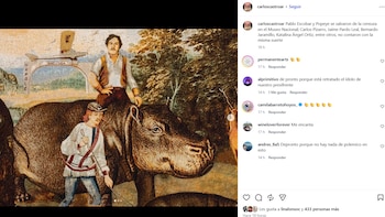 El artista Carlos Castro Arias compartió el mensaje desde su cuenta de Instagram el martes 20 de octubre de 2026, luego de que fueron retiradas cerca de 50 obras y piezas en el Museo Nacional, pero una que él elaboró, y en la que aparece Pablo Escobar, aún sigue exhibida en la sala 'Fuerza, Fe y Sustancia': 'La gran narco arca' (2019) - crédito @carloscastroar/IG