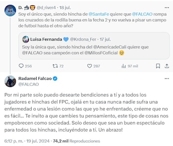 La respuesta de Falcao a un hincha de Santa Fe que le deseó una lesión - crédito @FALCAO/X
