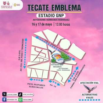 Mapa vial de la Ciudad de México en tonos rosa y azul, detallando el Autódromo Hnos. Rodríguez y avenidas circundantes con flechas de tráfico, información del evento Tecate Emblema y logos institucionales
