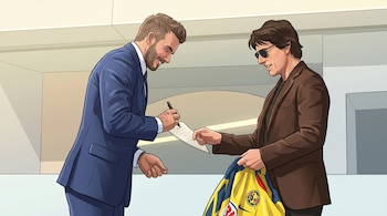 Ilustración de David Beckham con traje azul, firmando un papel para Tom Cruise, quien viste un saco marrón y sostiene una playera amarilla del Club América.