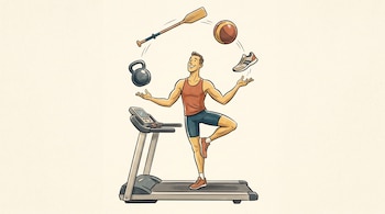 Ilustración de un hombre sobre una caminadora haciendo malabares con una pesa rusa, un remo, un balón y una zapatilla deportiva.