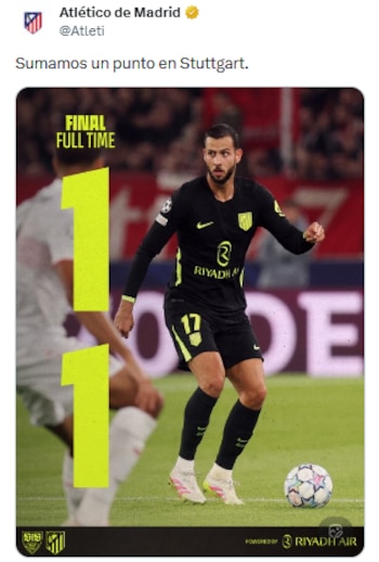 El resultado 1-1 en la MHPArena deja al Atlético de Madrid con cuatro unidades en sus primeros tres compromisos de la competencia. (X/ @Atleti)