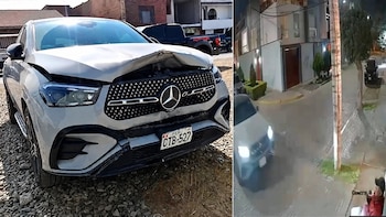 Imagen dividida con una camioneta gris abollada en la izquierda y una captura de video de seguridad nocturno en la derecha