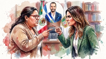 Ilustración acuarela: dos mujeres se señalan, retrato circular de Nayib Bukele, banderas de El Salvador y México, estantería con libros.