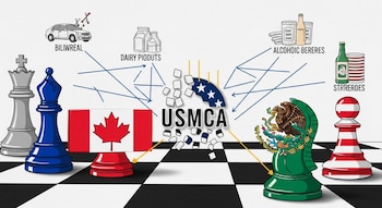 Ilustración de un tablero de ajedrez con piezas simbolizando a Canadá, México y Estados Unidos. El logo T-MEC está al centro, conectado a íconos de disputas comerciales.