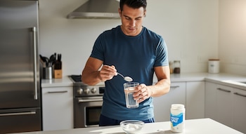 Un hombre con camiseta azul vierte sal de una cuchara en un vaso de agua sobre una encimera blanca en una cocina moderna.